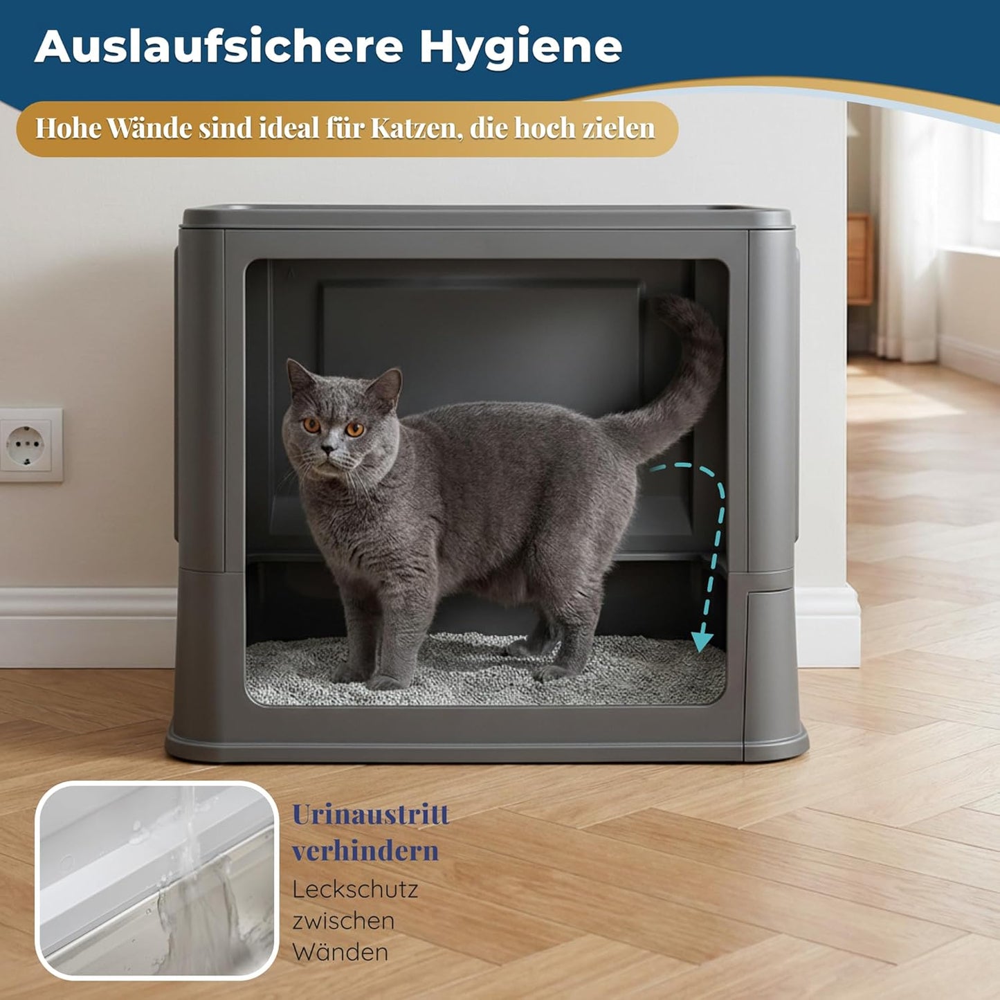 Katzenklo Edelstahl mit Deckel – Faltbare Geschlossene Katzentoilette mit Schublade – Geruchsfrei, Auslaufsicher & Leicht zu Reinigen – Doppelter Eingang/Ausgang – Mit Schaufel (38,3×51×41 cm) – Schwarz