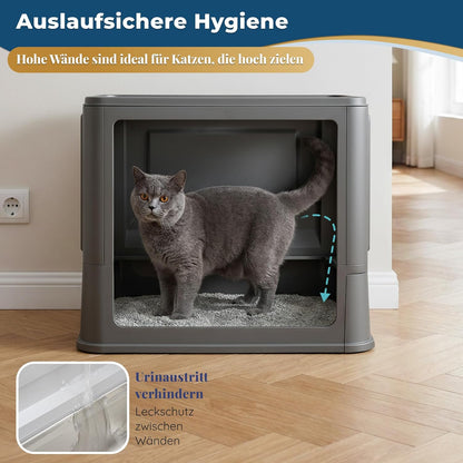 Katzenklo Edelstahl mit Deckel – Faltbare Geschlossene Katzentoilette mit Schublade – Geruchsfrei, Auslaufsicher & Leicht zu Reinigen – Doppelter Eingang/Ausgang – Mit Schaufel (38,3×51×41 cm) – Schwarz