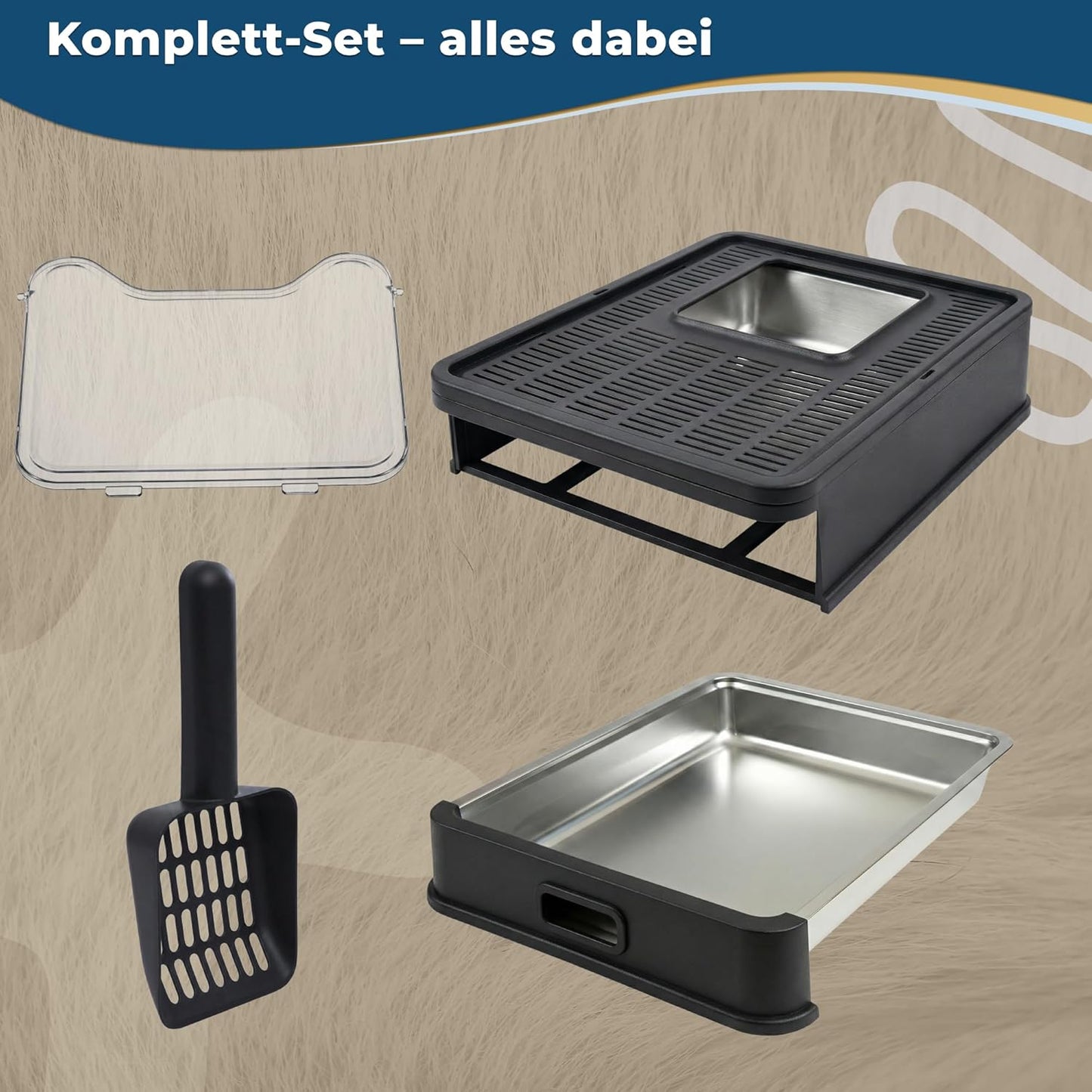 Katzenklo Edelstahl mit Deckel – Faltbare Geschlossene Katzentoilette mit Schublade – Geruchsfrei, Auslaufsicher & Leicht zu Reinigen – Doppelter Eingang/Ausgang – Mit Schaufel (38,3×51×41 cm) – Schwarz