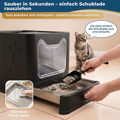 Katzenklo Edelstahl mit Deckel – Faltbare Geschlossene Katzentoilette mit Schublade – Geruchsfrei, Auslaufsicher & Leicht zu Reinigen – Doppelter Eingang/Ausgang – Mit Schaufel (38,3×51×41 cm) – Schwarz
