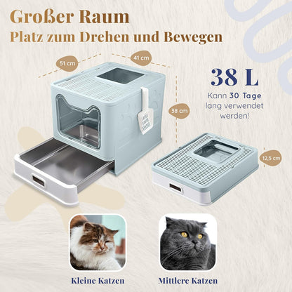Katzenklo Edelstahl mit Deckel – Faltbare Geschlossene Katzentoilette mit Schublade – Geruchsfrei, Auslaufsicher & Leicht zu Reinigen – Doppelter Eingang/Ausgang – Mit Schaufel (38,3×51×41 cm) – Blau