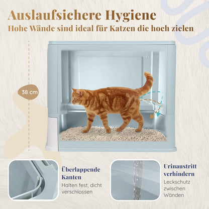 Katzenklo Edelstahl mit Deckel – Faltbare Geschlossene Katzentoilette mit Schublade – Geruchsfrei, Auslaufsicher & Leicht zu Reinigen – Doppelter Eingang/Ausgang – Mit Schaufel (38,3×51×41 cm) – Blau