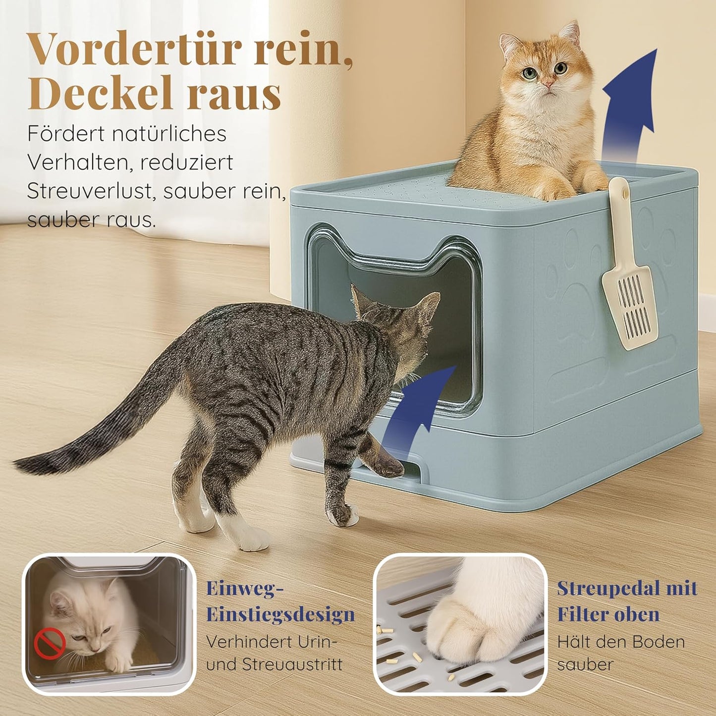 Katzenklo Edelstahl mit Deckel – Faltbare Geschlossene Katzentoilette mit Schublade – Geruchsfrei, Auslaufsicher & Leicht zu Reinigen – Doppelter Eingang/Ausgang – Mit Schaufel (38,3×51×41 cm) – Blau