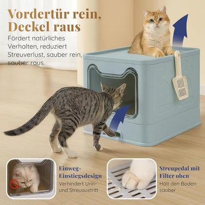 Katzenklo Edelstahl mit Deckel – Faltbare Geschlossene Katzentoilette mit Schublade – Geruchsfrei, Auslaufsicher & Leicht zu Reinigen – Doppelter Eingang/Ausgang – Mit Schaufel (38,3×51×41 cm) – Blau