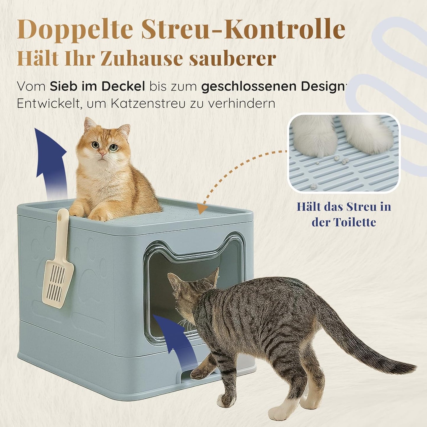Katzenklo Edelstahl mit Deckel – Faltbare Geschlossene Katzentoilette mit Schublade – Geruchsfrei, Auslaufsicher & Leicht zu Reinigen – Doppelter Eingang/Ausgang – Mit Schaufel (38,3×51×41 cm) – Blau