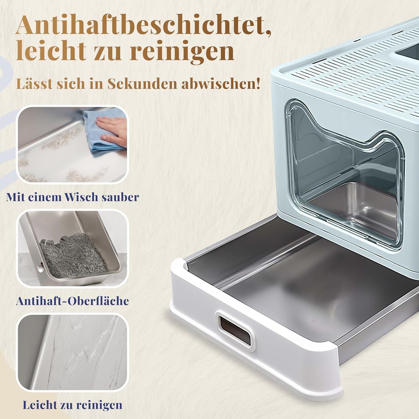 Katzenklo Edelstahl mit Deckel – Faltbare Geschlossene Katzentoilette mit Schublade – Geruchsfrei, Auslaufsicher & Leicht zu Reinigen – Doppelter Eingang/Ausgang – Mit Schaufel (38,3×51×41 cm) – Blau