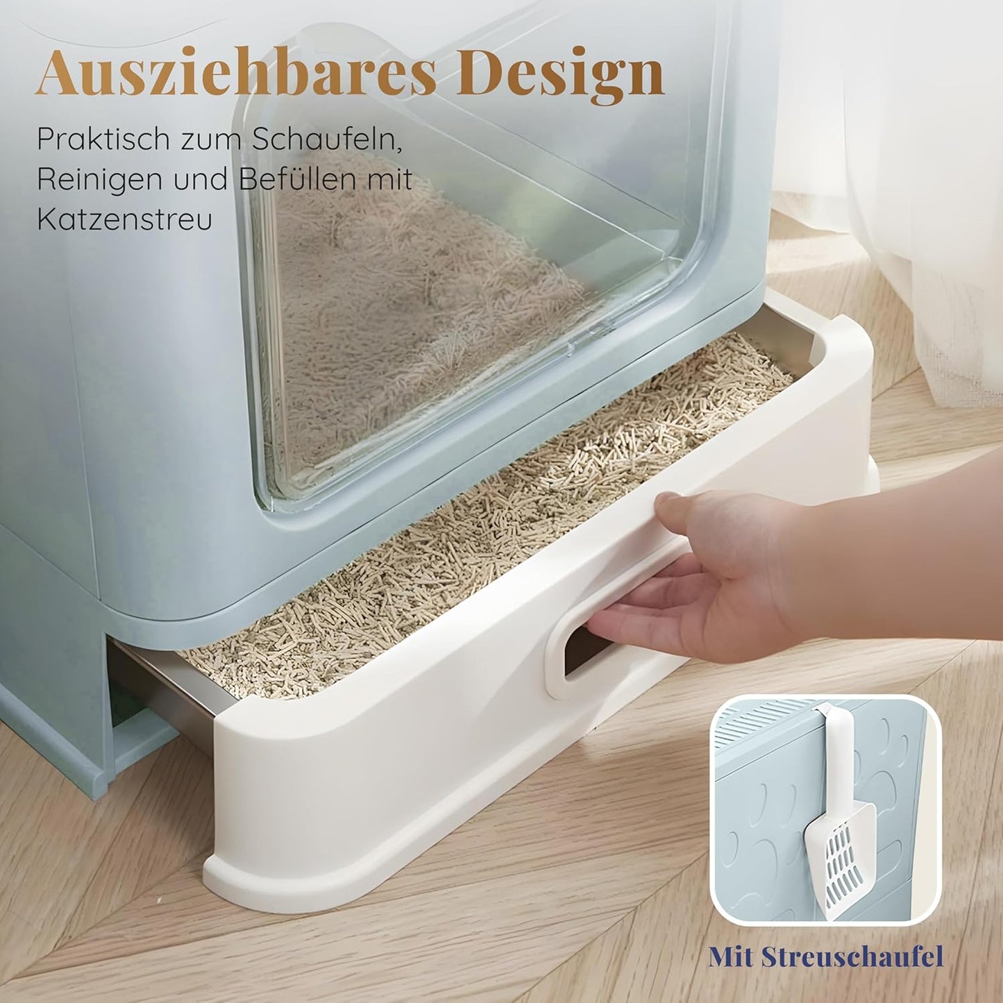 Katzenklo Edelstahl mit Deckel – Faltbare Geschlossene Katzentoilette mit Schublade – Geruchsfrei, Auslaufsicher & Leicht zu Reinigen – Doppelter Eingang/Ausgang – Mit Schaufel (38,3×51×41 cm) – Blau