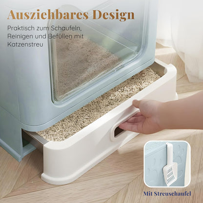 Katzenklo Edelstahl mit Deckel – Faltbare Geschlossene Katzentoilette mit Schublade – Geruchsfrei, Auslaufsicher & Leicht zu Reinigen – Doppelter Eingang/Ausgang – Mit Schaufel (38,3×51×41 cm) – Blau