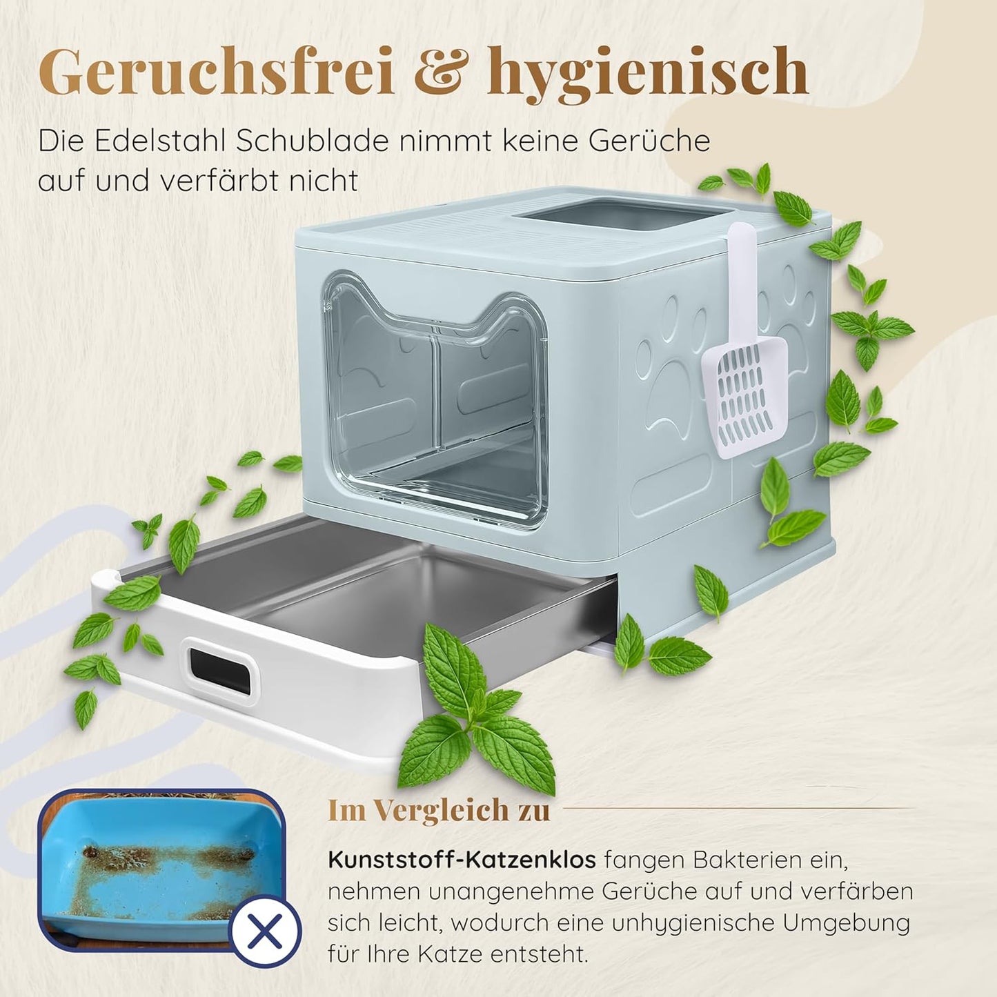 Katzenklo Edelstahl mit Deckel – Faltbare Geschlossene Katzentoilette mit Schublade – Geruchsfrei, Auslaufsicher & Leicht zu Reinigen – Doppelter Eingang/Ausgang – Mit Schaufel (38,3×51×41 cm) – Blau