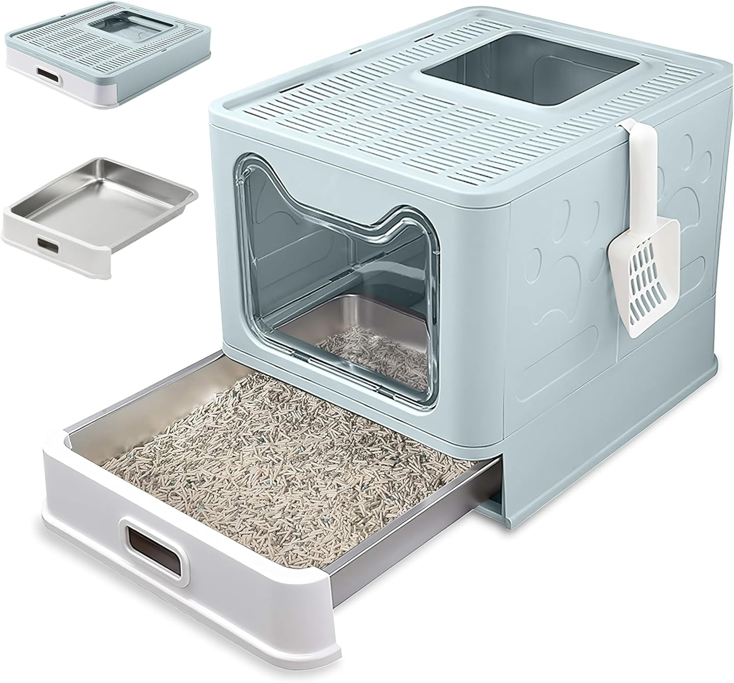 Katzenklo Edelstahl mit Deckel – Faltbare Geschlossene Katzentoilette mit Schublade – Geruchsfrei, Auslaufsicher & Leicht zu Reinigen – Doppelter Eingang/Ausgang – Mit Schaufel (38,3×51×41 cm) – Blau