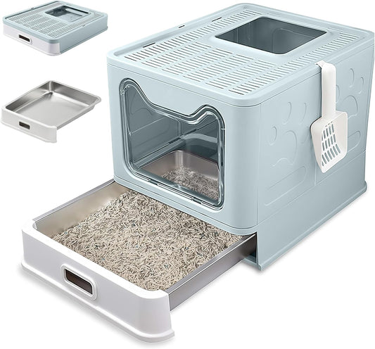Katzenklo Edelstahl mit Deckel – Faltbare Geschlossene Katzentoilette mit Schublade – Geruchsfrei, Auslaufsicher & Leicht zu Reinigen – Doppelter Eingang/Ausgang – Mit Schaufel (38,3×51×41 cm) – Blau