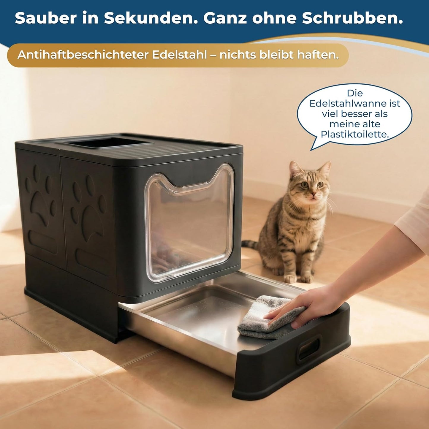 Katzenklo Edelstahl mit Deckel – Faltbare Geschlossene Katzentoilette mit Schublade – Geruchsfrei, Auslaufsicher & Leicht zu Reinigen – Doppelter Eingang/Ausgang – Mit Schaufel (38,3×51×41 cm) – Schwarz