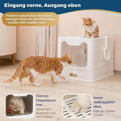 Katzenklo Edelstahl mit Deckel – Faltbare Geschlossene Katzentoilette mit Schublade – Geruchsfrei, Auslaufsicher & Leicht zu Reinigen – Doppelter Eingang/Ausgang – Mit Schaufel (38,3×51×41 cm) – Weiß