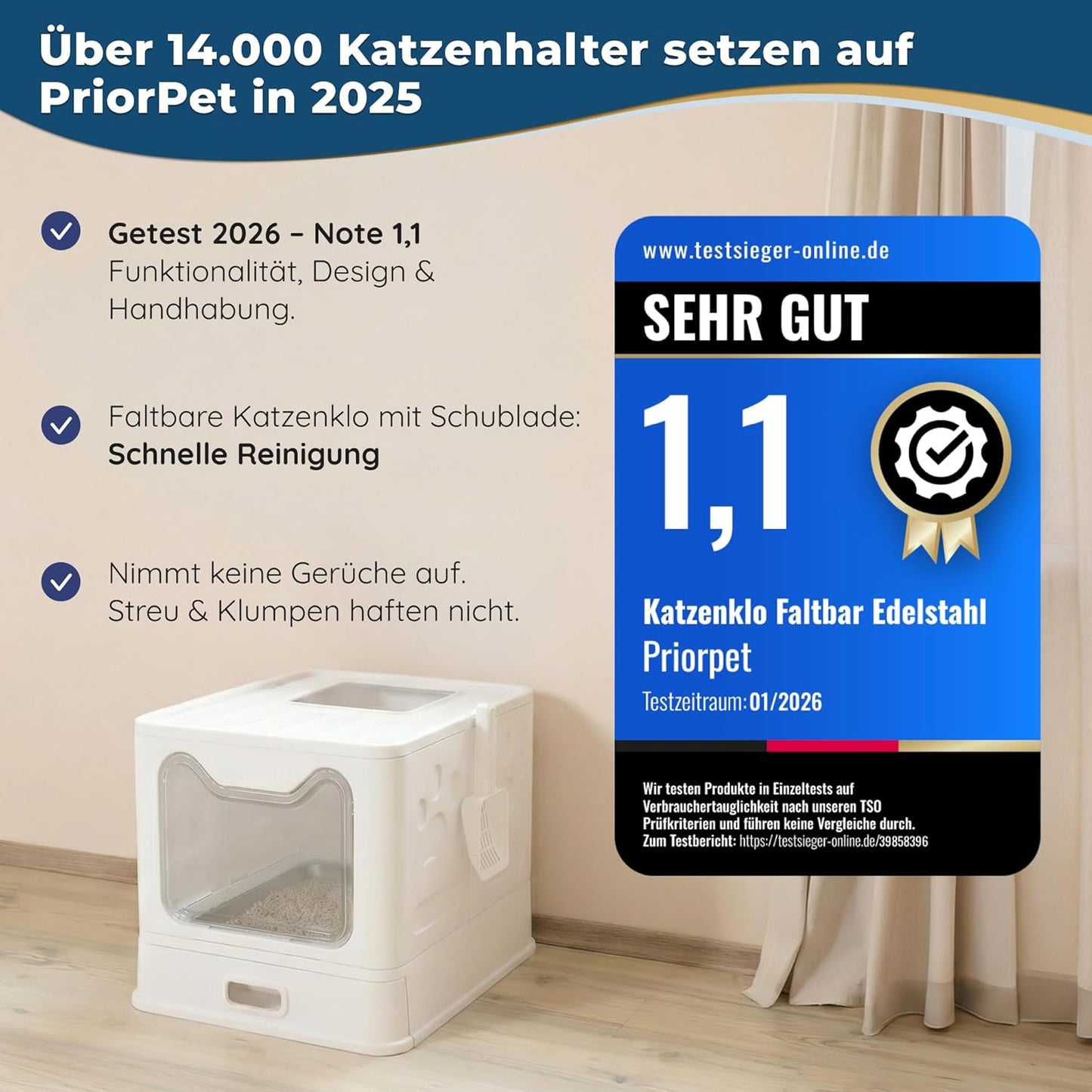 Katzenklo Edelstahl mit Deckel – Faltbare Geschlossene Katzentoilette mit Schublade – Geruchsfrei, Auslaufsicher & Leicht zu Reinigen – Doppelter Eingang/Ausgang – Mit Schaufel (38,3×51×41 cm) – Weiß