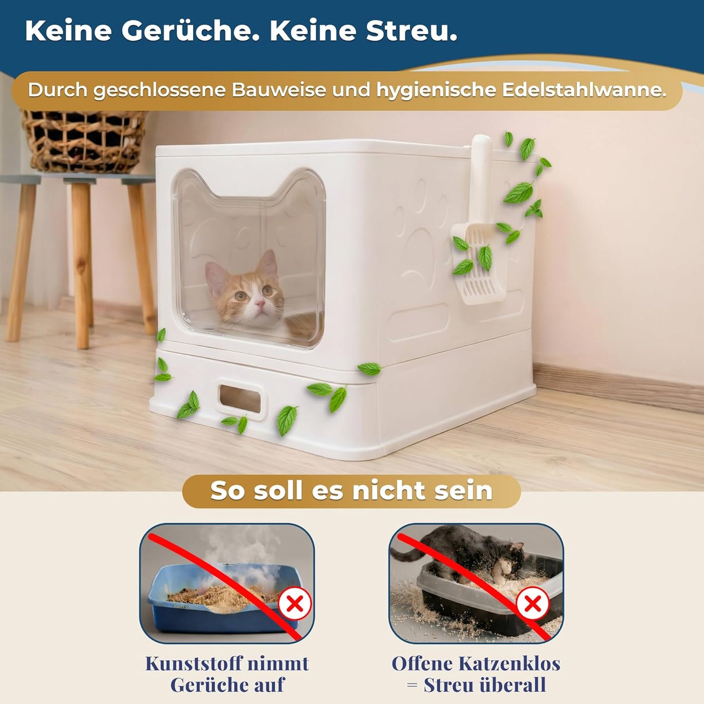 Katzenklo Edelstahl mit Deckel – Faltbare Geschlossene Katzentoilette mit Schublade – Geruchsfrei, Auslaufsicher & Leicht zu Reinigen – Doppelter Eingang/Ausgang – Mit Schaufel (38,3×51×41 cm) – Weiß