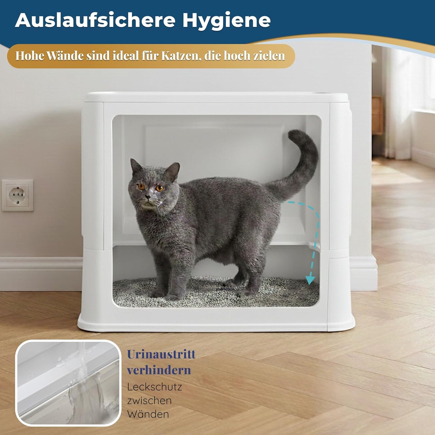 Katzenklo Edelstahl mit Deckel – Faltbare Geschlossene Katzentoilette mit Schublade – Geruchsfrei, Auslaufsicher & Leicht zu Reinigen – Doppelter Eingang/Ausgang – Mit Schaufel (38,3×51×41 cm) – Weiß