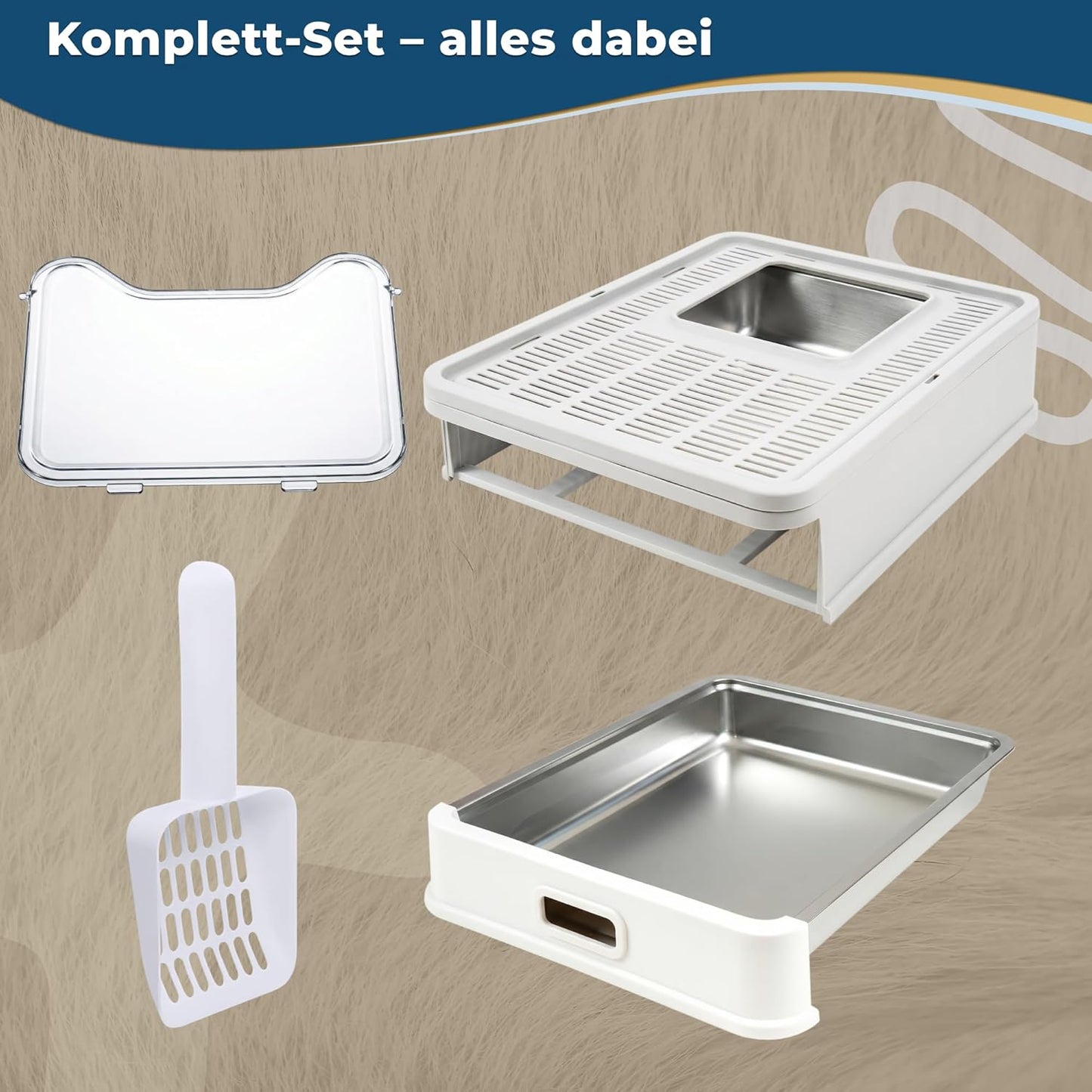 Katzenklo Edelstahl mit Deckel – Faltbare Geschlossene Katzentoilette mit Schublade – Geruchsfrei, Auslaufsicher & Leicht zu Reinigen – Doppelter Eingang/Ausgang – Mit Schaufel (38,3×51×41 cm) – Weiß