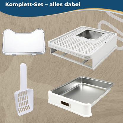Katzenklo Edelstahl mit Deckel – Faltbare Geschlossene Katzentoilette mit Schublade – Geruchsfrei, Auslaufsicher & Leicht zu Reinigen – Doppelter Eingang/Ausgang – Mit Schaufel (38,3×51×41 cm) – Weiß