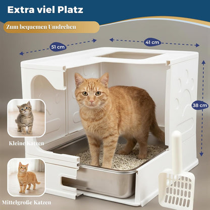 Katzenklo Edelstahl mit Deckel – Faltbare Geschlossene Katzentoilette mit Schublade – Geruchsfrei, Auslaufsicher & Leicht zu Reinigen – Doppelter Eingang/Ausgang – Mit Schaufel (38,3×51×41 cm) – Weiß