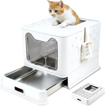 Katzenklo Edelstahl mit Deckel – Faltbare Geschlossene Katzentoilette mit Schublade – Geruchsfrei, Auslaufsicher & Leicht zu Reinigen – Doppelter Eingang/Ausgang – Mit Schaufel (38,3×51×41 cm) – Weiß
