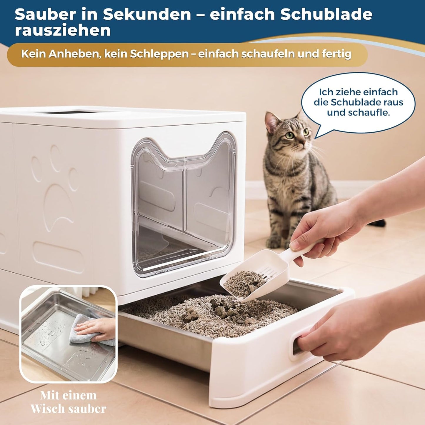 Katzenklo Edelstahl mit Deckel – Faltbare Geschlossene Katzentoilette mit Schublade – Geruchsfrei, Auslaufsicher & Leicht zu Reinigen – Doppelter Eingang/Ausgang – Mit Schaufel (38,3×51×41 cm) – Weiß