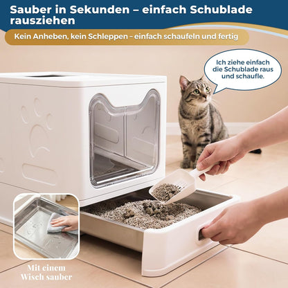 Katzenklo Edelstahl mit Deckel – Faltbare Geschlossene Katzentoilette mit Schublade – Geruchsfrei, Auslaufsicher & Leicht zu Reinigen – Doppelter Eingang/Ausgang – Mit Schaufel (38,3×51×41 cm) – Weiß