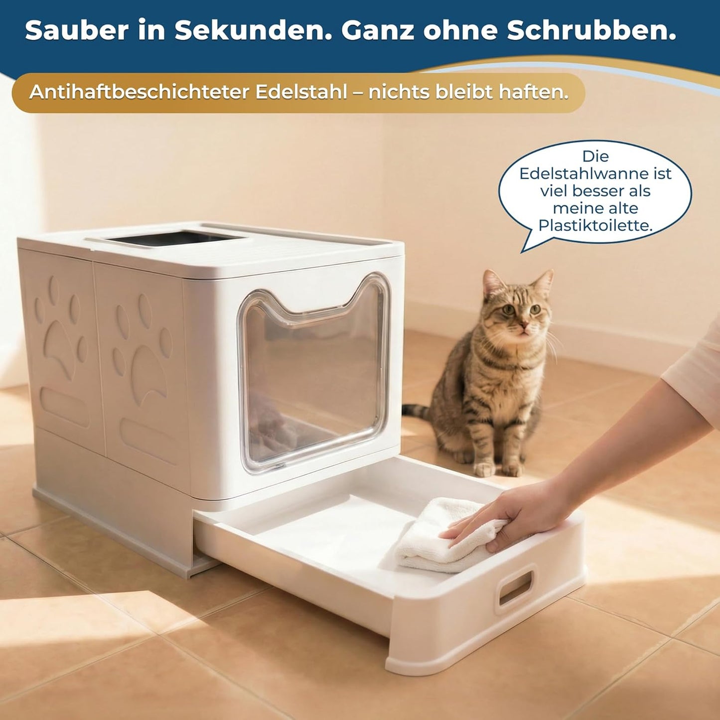 Katzenklo Edelstahl mit Deckel – Faltbare Geschlossene Katzentoilette mit Schublade – Geruchsfrei, Auslaufsicher & Leicht zu Reinigen – Doppelter Eingang/Ausgang – Mit Schaufel (38,3×51×41 cm) – Weiß