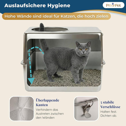 Katzenklo Edelstahl XXL mit Deckel – Katzenklo mit Frontklappe & Top-Einstieg – 38L Katzentoilette Edelstahl – 60x41,5x40 cm – Leicht zu Reinigen & Geruchsresistent mit Streufang-Stufe