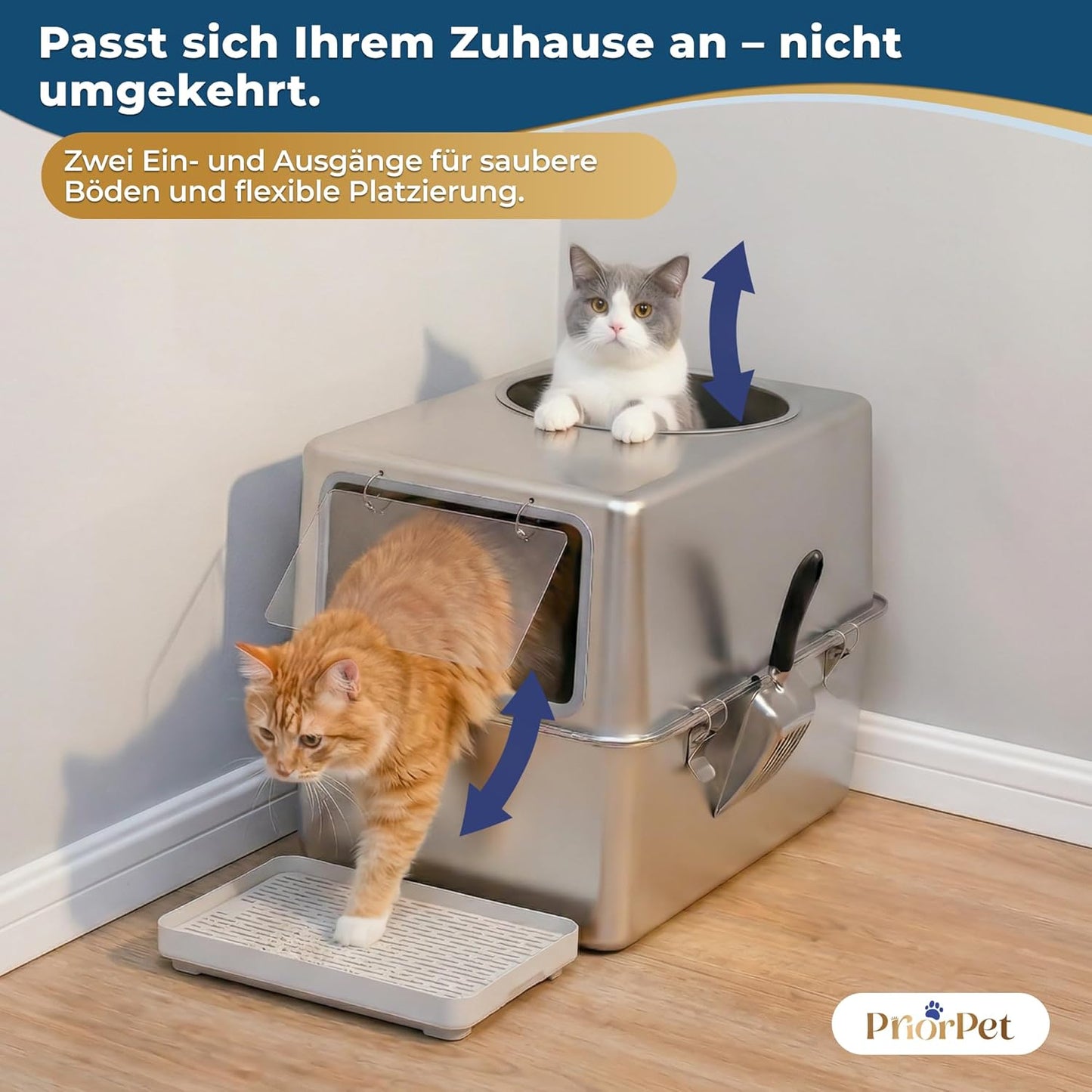 Katzenklo Edelstahl XXL mit Deckel – Katzenklo mit Frontklappe & Top-Einstieg – 38L Katzentoilette Edelstahl – 60x41,5x40 cm – Leicht zu Reinigen & Geruchsresistent mit Streufang-Stufe