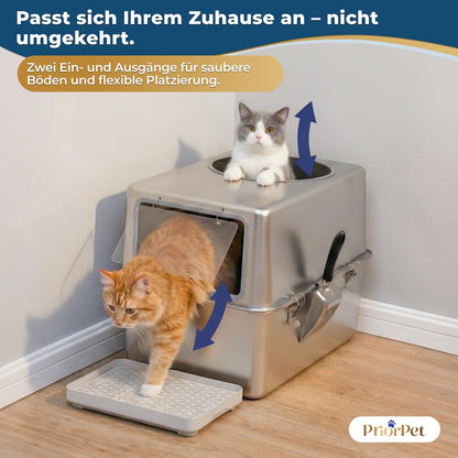 Katzenklo Edelstahl XXL mit Deckel – Katzenklo mit Frontklappe & Top-Einstieg – 38L Katzentoilette Edelstahl – 60x41,5x40 cm – Leicht zu Reinigen & Geruchsresistent mit Streufang-Stufe