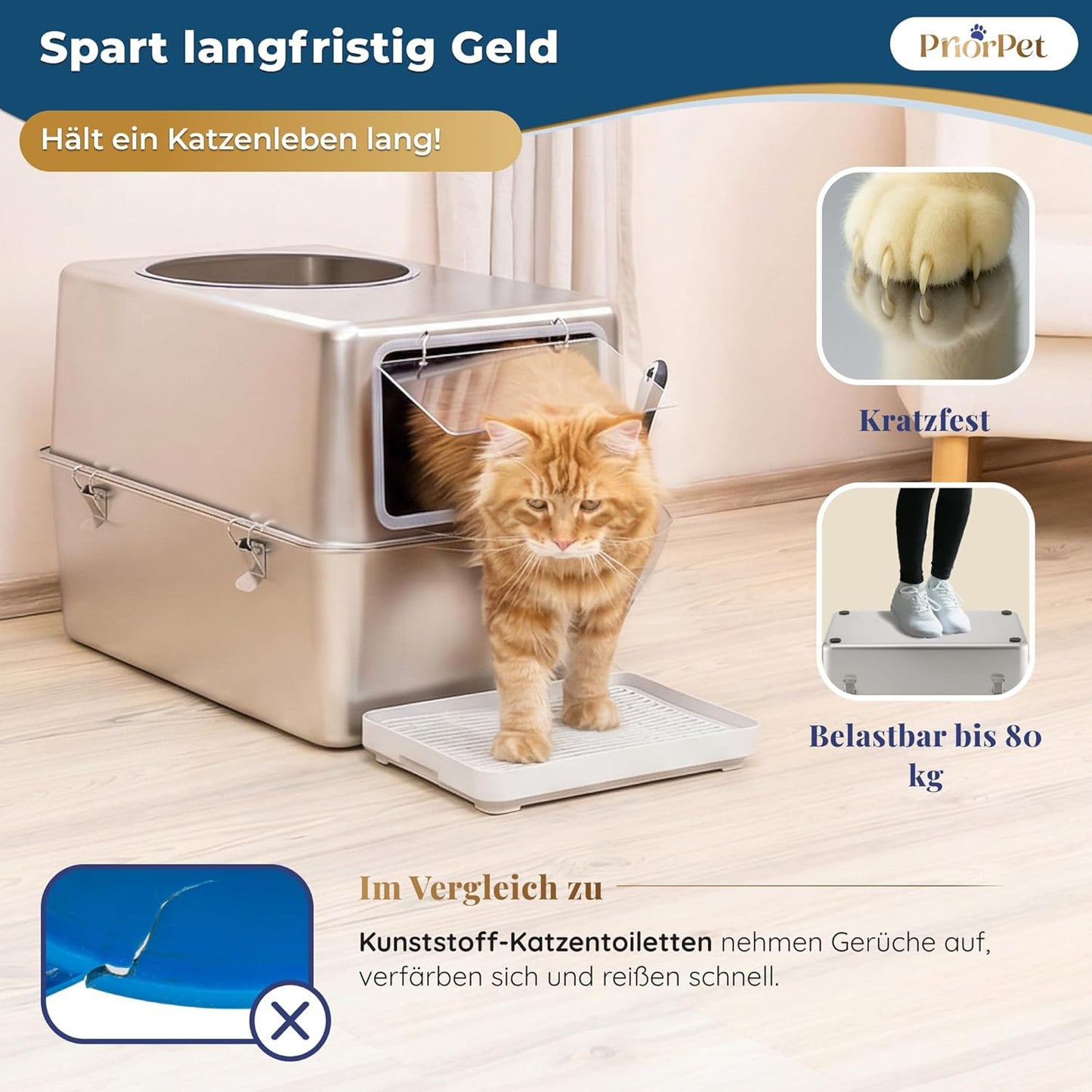 Katzenklo Edelstahl XXL mit Deckel – Katzenklo mit Frontklappe & Top-Einstieg – 38L Katzentoilette Edelstahl – 60x41,5x40 cm – Leicht zu Reinigen & Geruchsresistent mit Streufang-Stufe