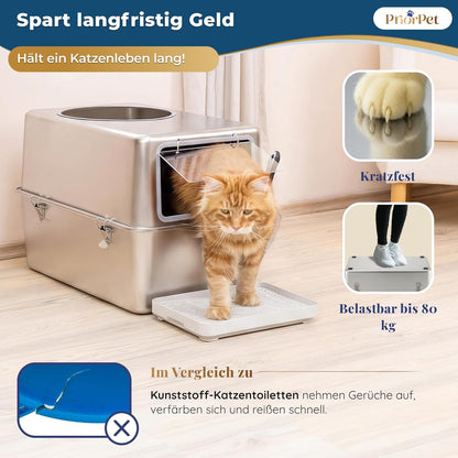 Katzenklo Edelstahl XXL mit Deckel – Katzenklo mit Frontklappe & Top-Einstieg – 38L Katzentoilette Edelstahl – 60x41,5x40 cm – Leicht zu Reinigen & Geruchsresistent mit Streufang-Stufe