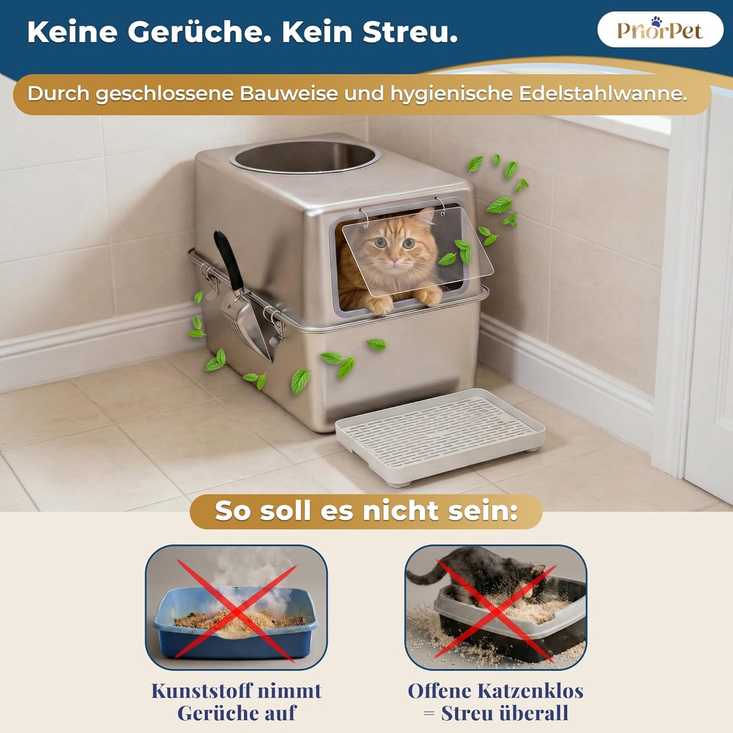 Katzenklo Edelstahl XXL mit Deckel – Katzenklo mit Frontklappe & Top-Einstieg – 38L Katzentoilette Edelstahl – 60x41,5x40 cm – Leicht zu Reinigen & Geruchsresistent mit Streufang-Stufe