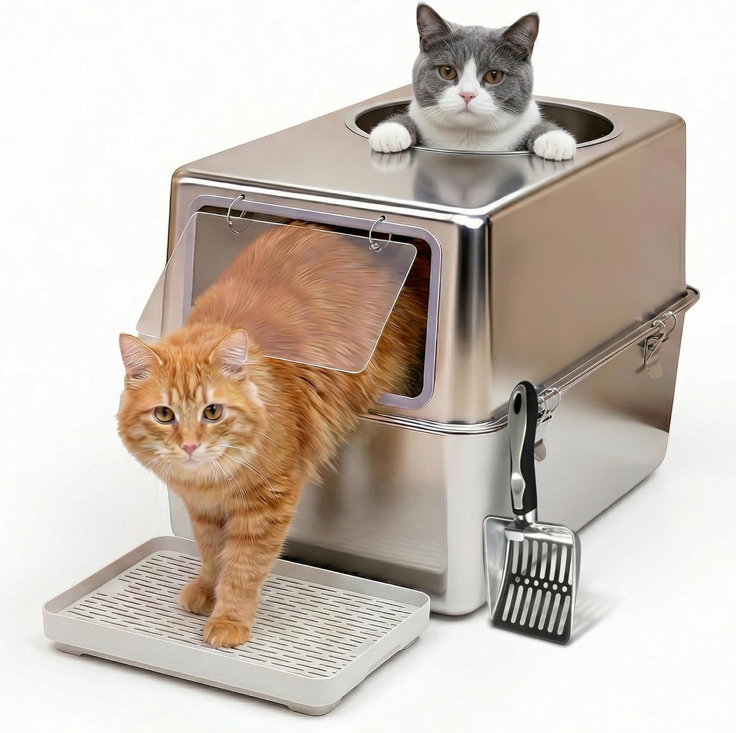 Katzenklo Edelstahl XXL mit Deckel – Katzenklo mit Frontklappe & Top-Einstieg – 38L Katzentoilette Edelstahl – 60x41,5x40 cm – Leicht zu Reinigen & Geruchsresistent mit Streufang-Stufe