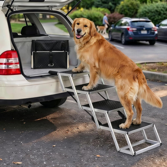 Hundetreppe Auto Klappbar – 4, 5 oder 6 Stufen für niedrige bis hohe Kofferraumhöhen (63–81 cm) – Für Kleinwagen, Kombi & SUV – Einstiegshilfe für große Hunde ohne Springen, Alternative zur Hunderampe