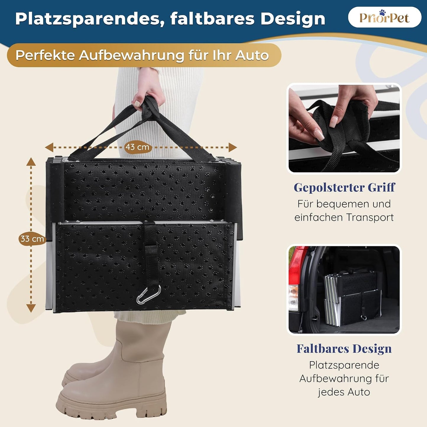 Hundetreppe Auto Klappbar – 4, 5 oder 6 Stufen für niedrige bis hohe Kofferraumhöhen (63–81 cm) – Für Kleinwagen, Kombi & SUV – Einstiegshilfe für große Hunde ohne Springen, Alternative zur Hunderampe
