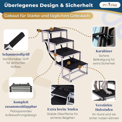Hundetreppe Auto Klappbar – 4, 5 oder 6 Stufen für niedrige bis hohe Kofferraumhöhen (63–81 cm) – Für Kleinwagen, Kombi & SUV – Einstiegshilfe für große Hunde ohne Springen, Alternative zur Hunderampe
