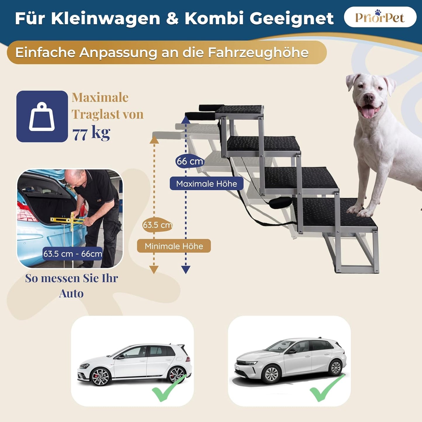 Hundetreppe Auto Klappbar – 4, 5 oder 6 Stufen für niedrige bis hohe Kofferraumhöhen (63–81 cm) – Für Kleinwagen, Kombi & SUV – Einstiegshilfe für große Hunde ohne Springen, Alternative zur Hunderampe