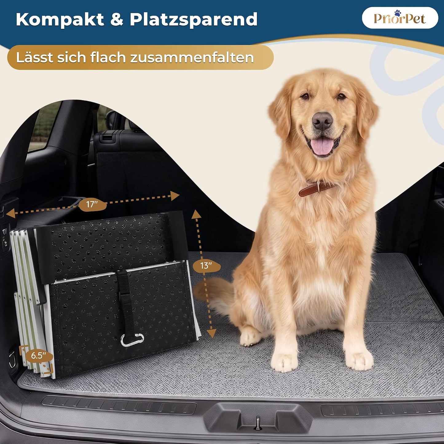 Hundetreppe Auto Klappbar – 4, 5 oder 6 Stufen für niedrige bis hohe Kofferraumhöhen (63–81 cm) – Für Kleinwagen, Kombi & SUV – Einstiegshilfe für große Hunde ohne Springen, Alternative zur Hunderampe