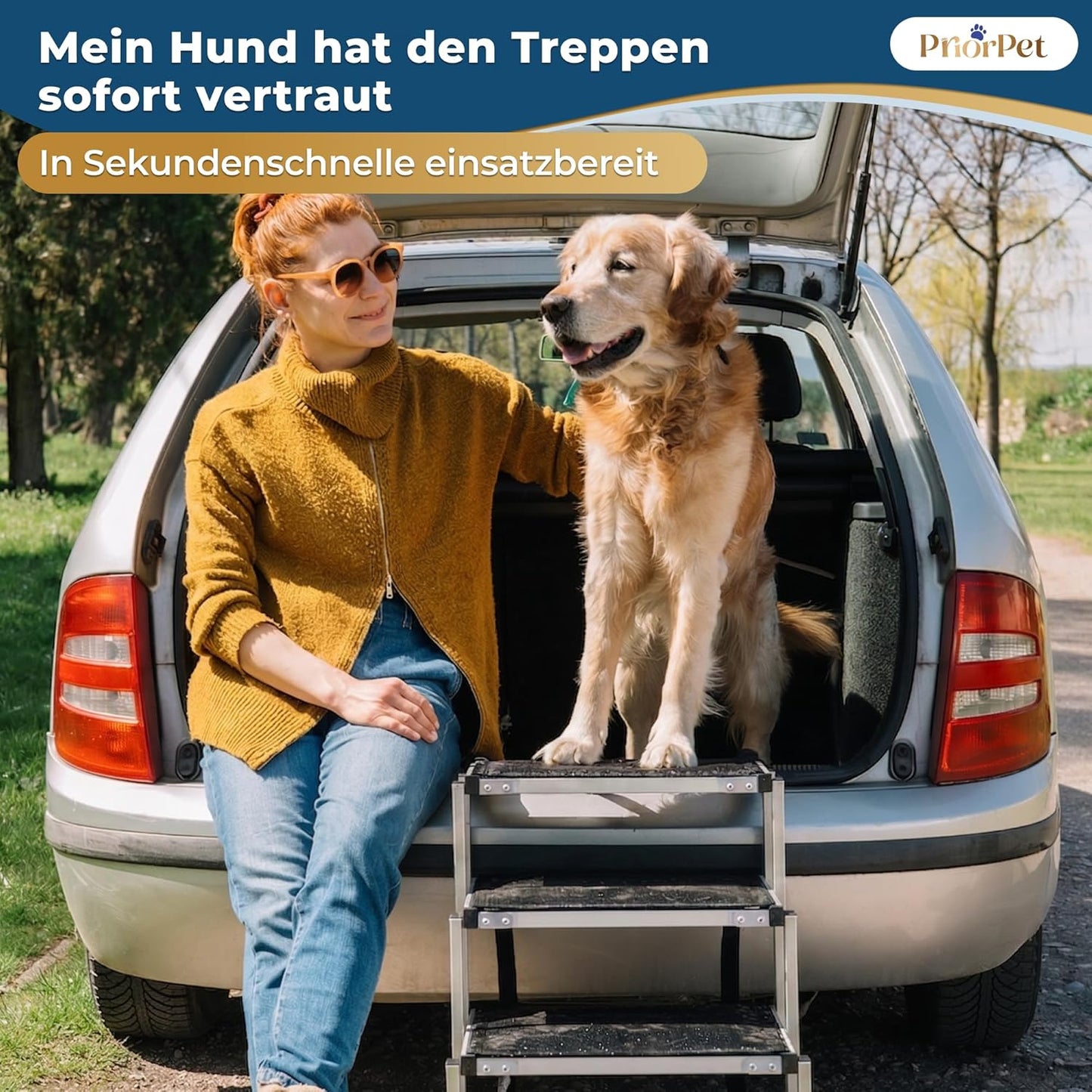 Hundetreppe Auto Klappbar – 4, 5 oder 6 Stufen für niedrige bis hohe Kofferraumhöhen (63–81 cm) – Für Kleinwagen, Kombi & SUV – Einstiegshilfe für große Hunde ohne Springen, Alternative zur Hunderampe