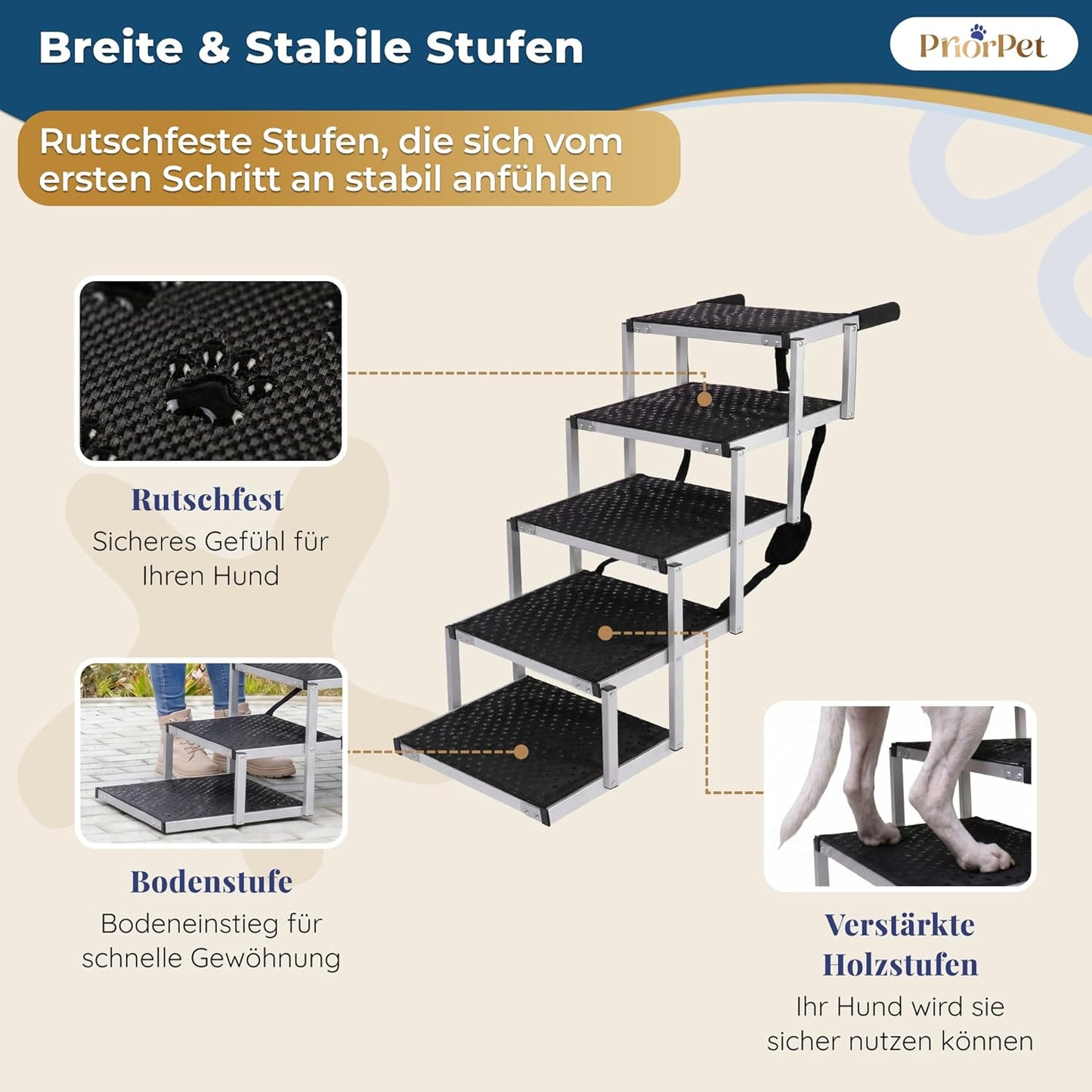 Hundetreppe Auto Klappbar – 4, 5 oder 6 Stufen für niedrige bis hohe Kofferraumhöhen (63–81 cm) – Für Kleinwagen, Kombi & SUV – Einstiegshilfe für große Hunde ohne Springen, Alternative zur Hunderampe
