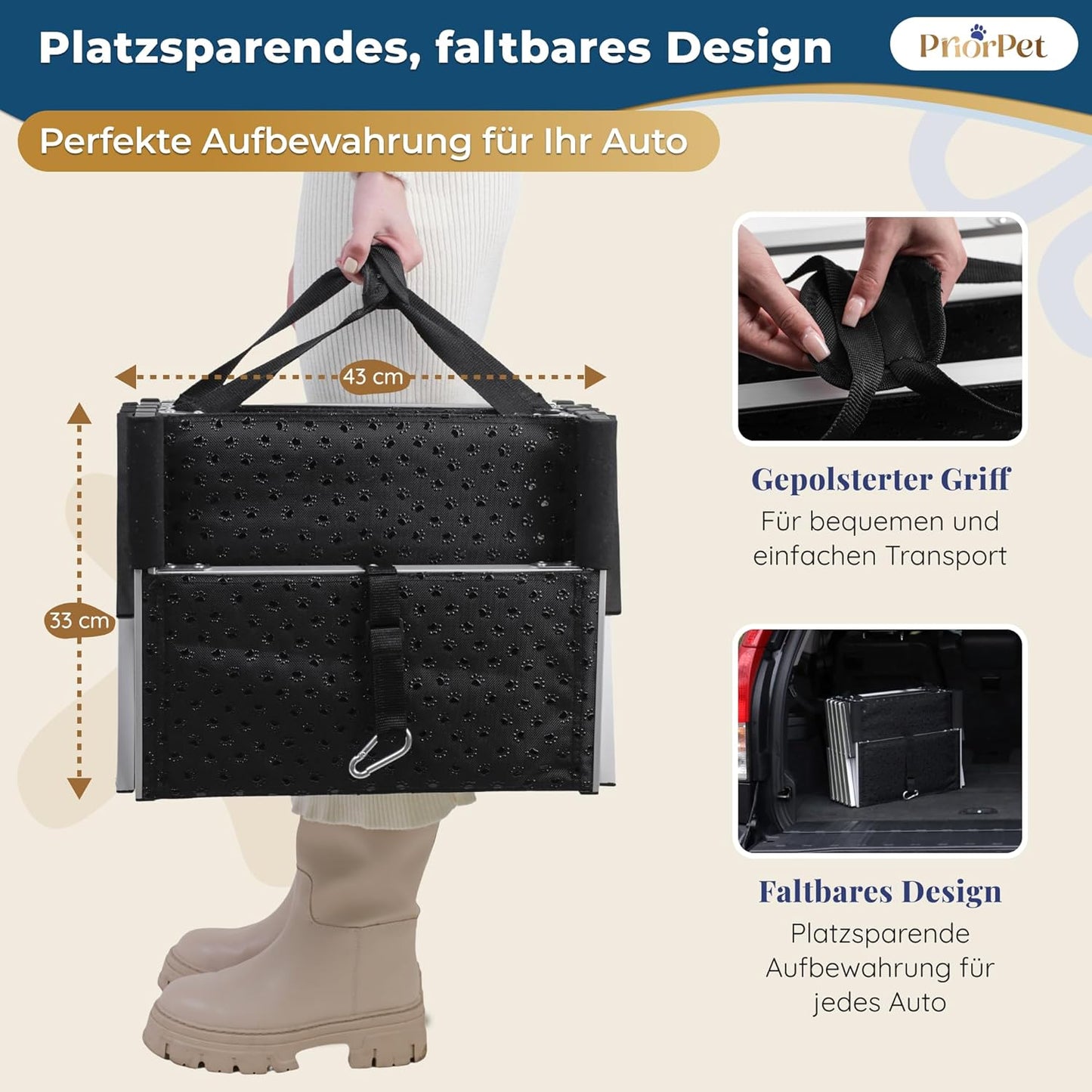Hundetreppe Auto Klappbar – 4, 5 oder 6 Stufen für niedrige bis hohe Kofferraumhöhen (63–81 cm) – Für Kleinwagen, Kombi & SUV – Einstiegshilfe für große Hunde ohne Springen, Alternative zur Hunderampe