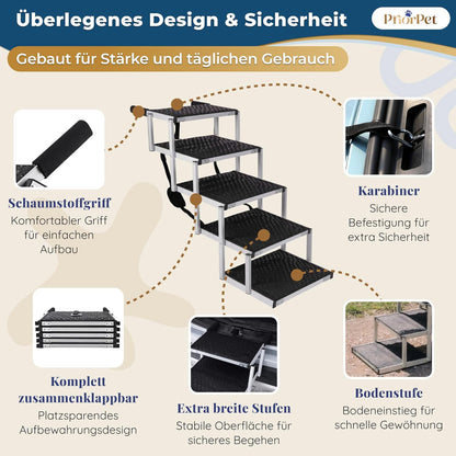 Hundetreppe Auto Klappbar – 4, 5 oder 6 Stufen für niedrige bis hohe Kofferraumhöhen (63–81 cm) – Für Kleinwagen, Kombi & SUV – Einstiegshilfe für große Hunde ohne Springen, Alternative zur Hunderampe