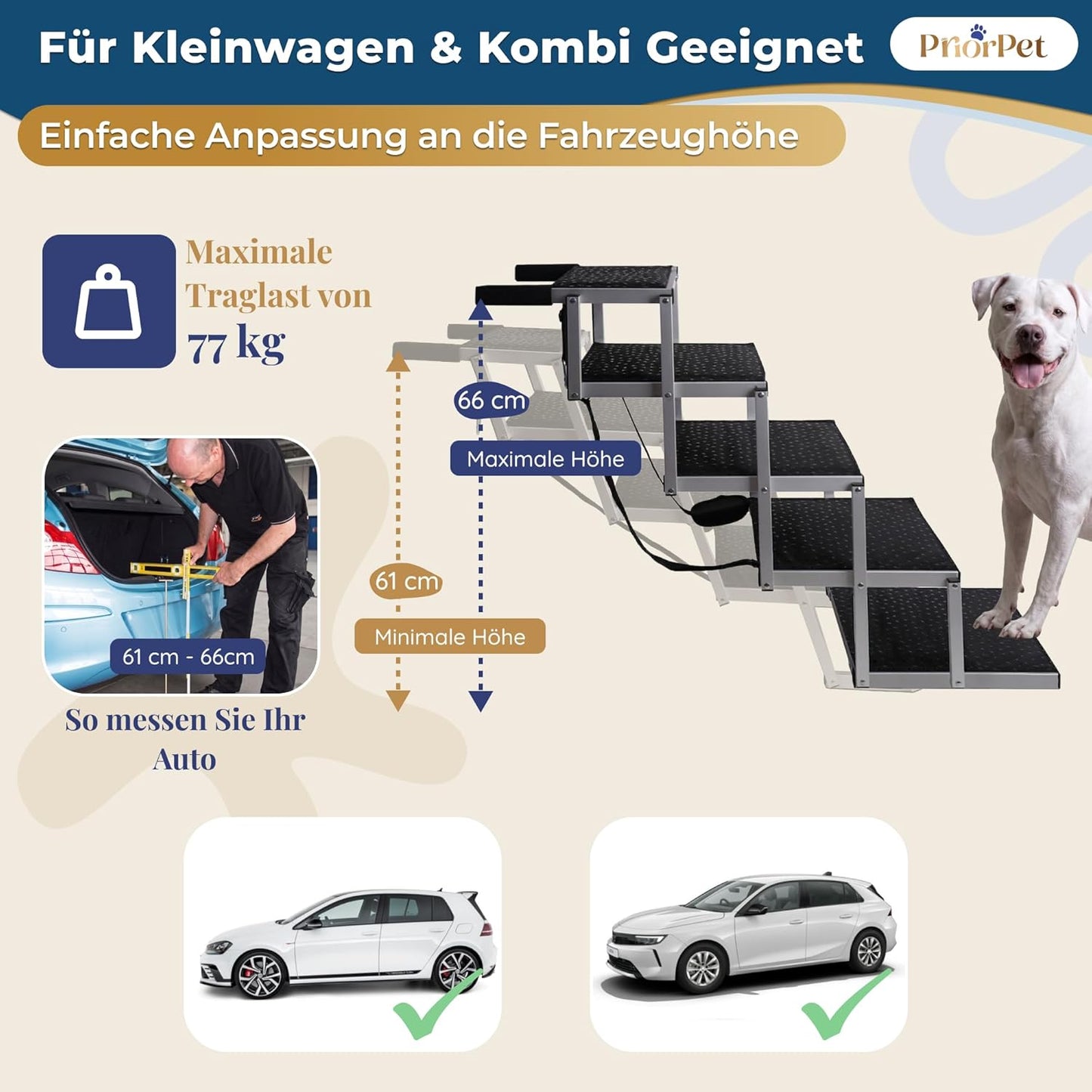 Hundetreppe Auto Klappbar – 4, 5 oder 6 Stufen für niedrige bis hohe Kofferraumhöhen (63–81 cm) – Für Kleinwagen, Kombi & SUV – Einstiegshilfe für große Hunde ohne Springen, Alternative zur Hunderampe