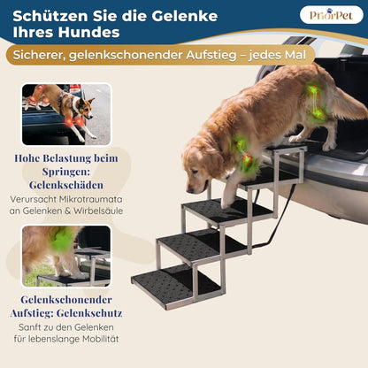 Hundetreppe Auto Klappbar – 4, 5 oder 6 Stufen für niedrige bis hohe Kofferraumhöhen (63–81 cm) – Für Kleinwagen, Kombi & SUV – Einstiegshilfe für große Hunde ohne Springen, Alternative zur Hunderampe