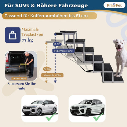 Hundetreppe Auto Klappbar – 4, 5 oder 6 Stufen für niedrige bis hohe Kofferraumhöhen (63–81 cm) – Für Kleinwagen, Kombi & SUV – Einstiegshilfe für große Hunde ohne Springen, Alternative zur Hunderampe