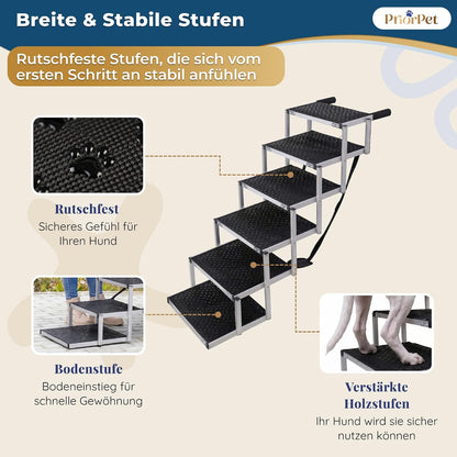 Hundetreppe Auto Klappbar – 4, 5 oder 6 Stufen für niedrige bis hohe Kofferraumhöhen (63–81 cm) – Für Kleinwagen, Kombi & SUV – Einstiegshilfe für große Hunde ohne Springen, Alternative zur Hunderampe