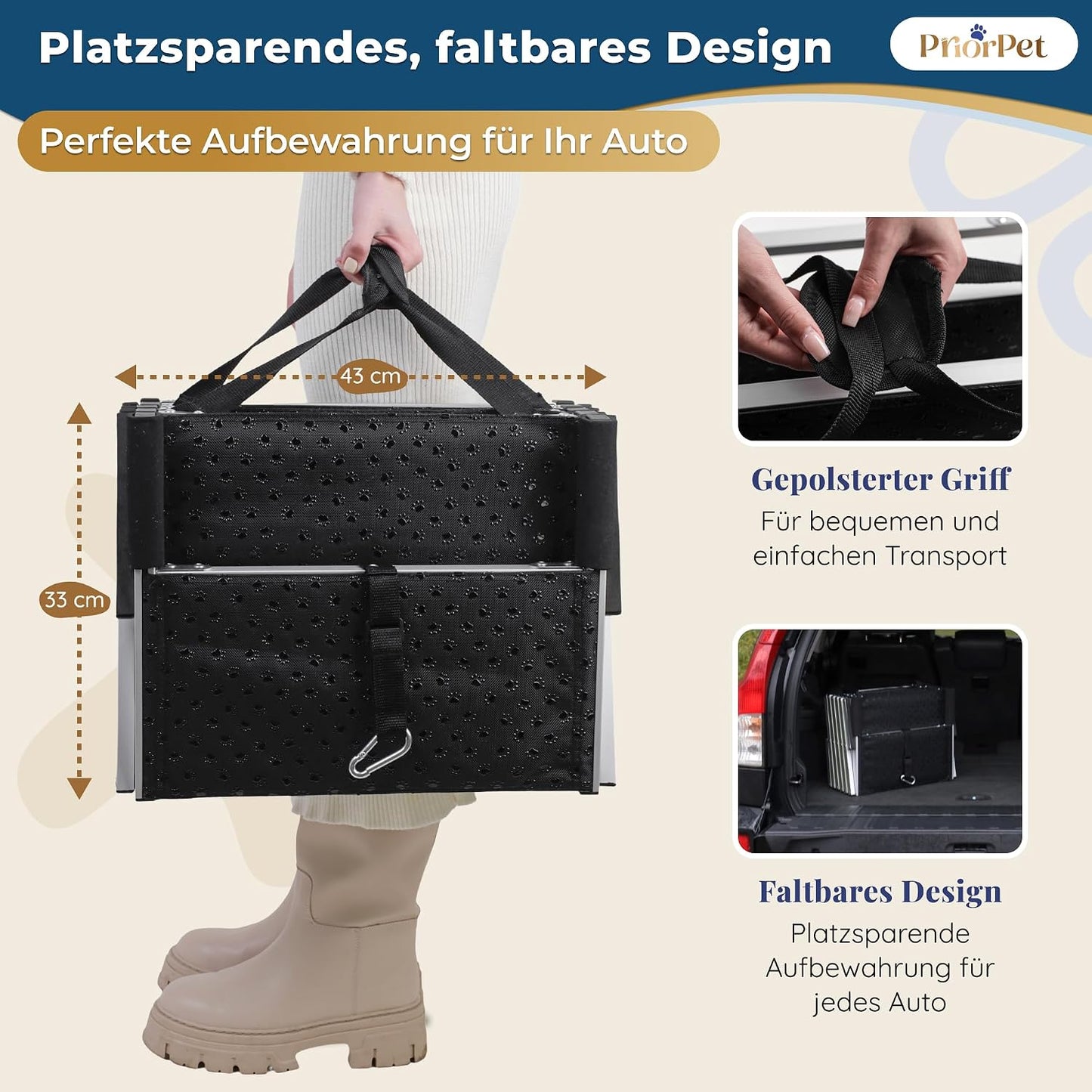 Hundetreppe Auto Klappbar – 4, 5 oder 6 Stufen für niedrige bis hohe Kofferraumhöhen (63–81 cm) – Für Kleinwagen, Kombi & SUV – Einstiegshilfe für große Hunde ohne Springen, Alternative zur Hunderampe