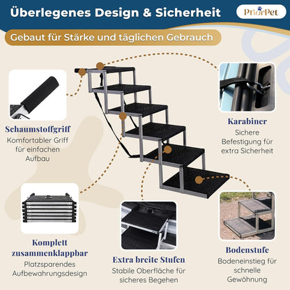 Hundetreppe Auto Klappbar – 4, 5 oder 6 Stufen für niedrige bis hohe Kofferraumhöhen (63–81 cm) – Für Kleinwagen, Kombi & SUV – Einstiegshilfe für große Hunde ohne Springen, Alternative zur Hunderampe
