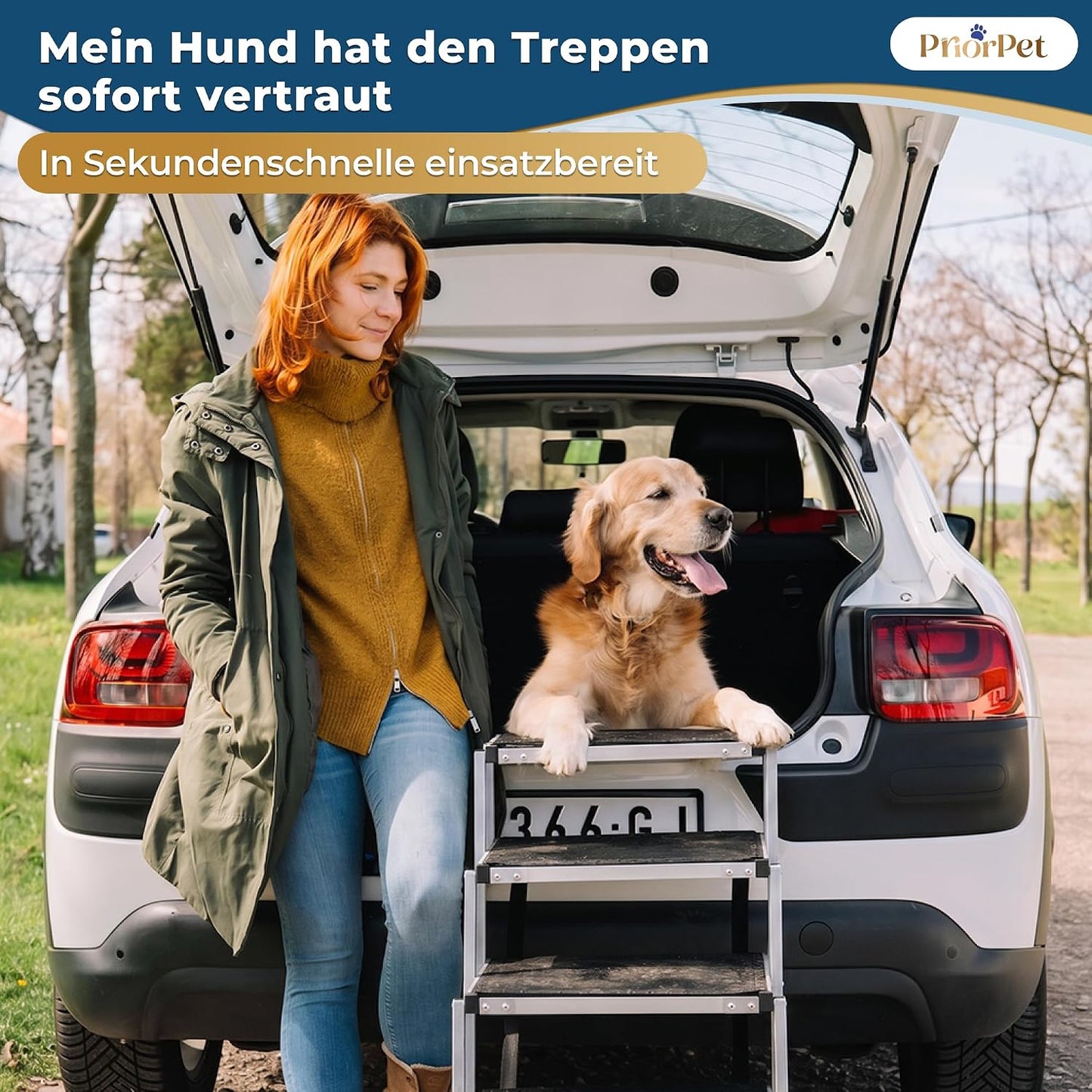 Hundetreppe Auto Klappbar – 4, 5 oder 6 Stufen für niedrige bis hohe Kofferraumhöhen (63–81 cm) – Für Kleinwagen, Kombi & SUV – Einstiegshilfe für große Hunde ohne Springen, Alternative zur Hunderampe